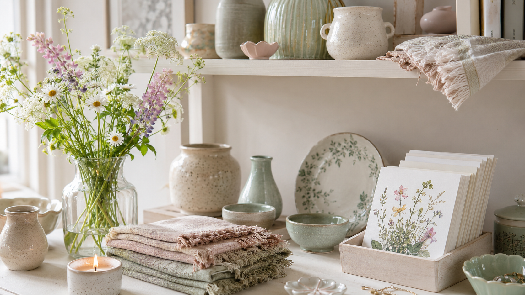 A styled independent gift shop shelf with ceramics and fresh wildflowers