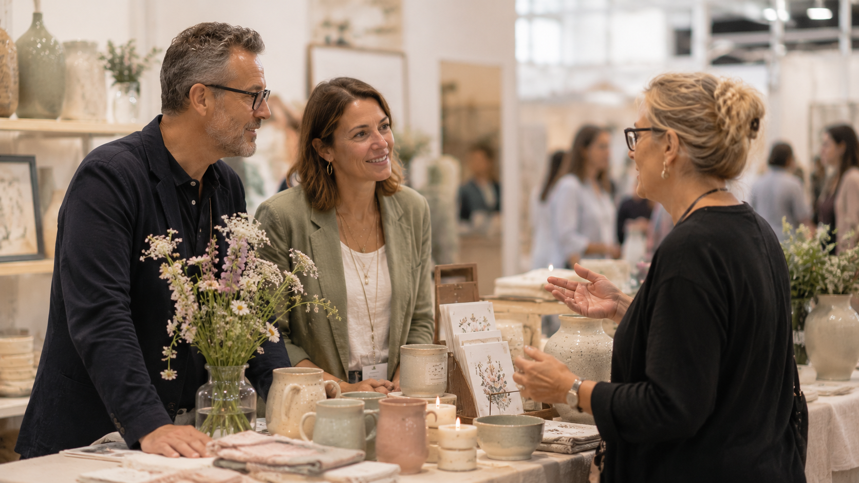 Independent shop owners and a vendor talking at a gift market