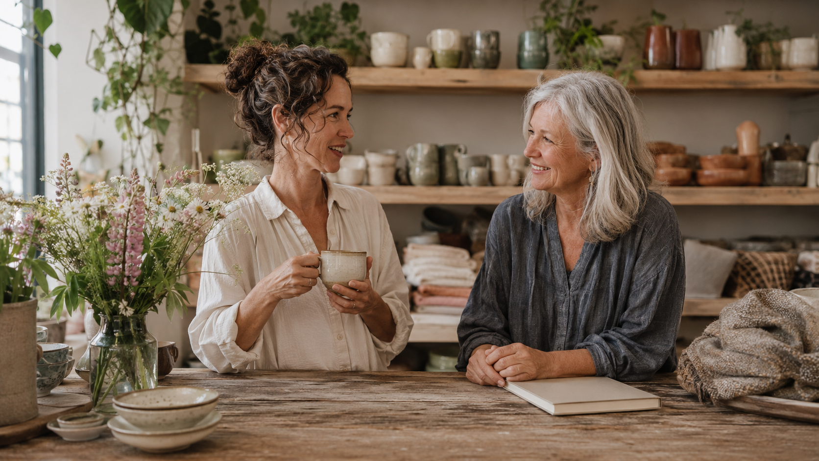 Two independent shop owners in conversation over coffee at a wood counter