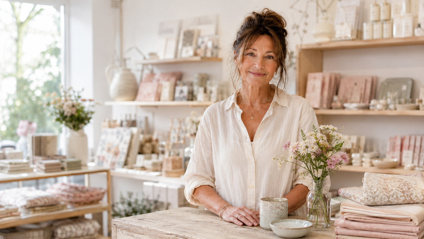 An independent shop owner behind her counter