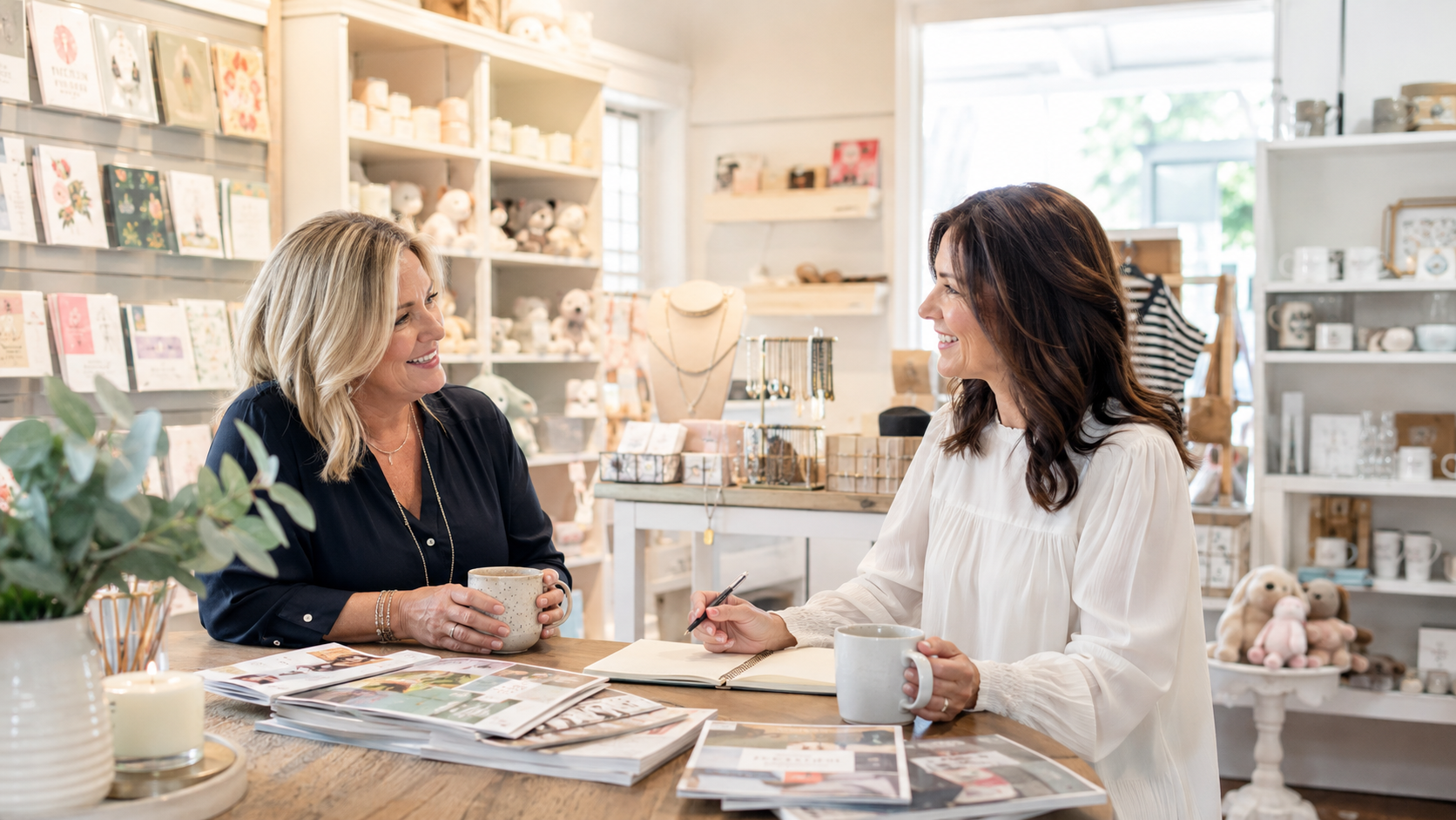 Two gift shop owners comparing notes
