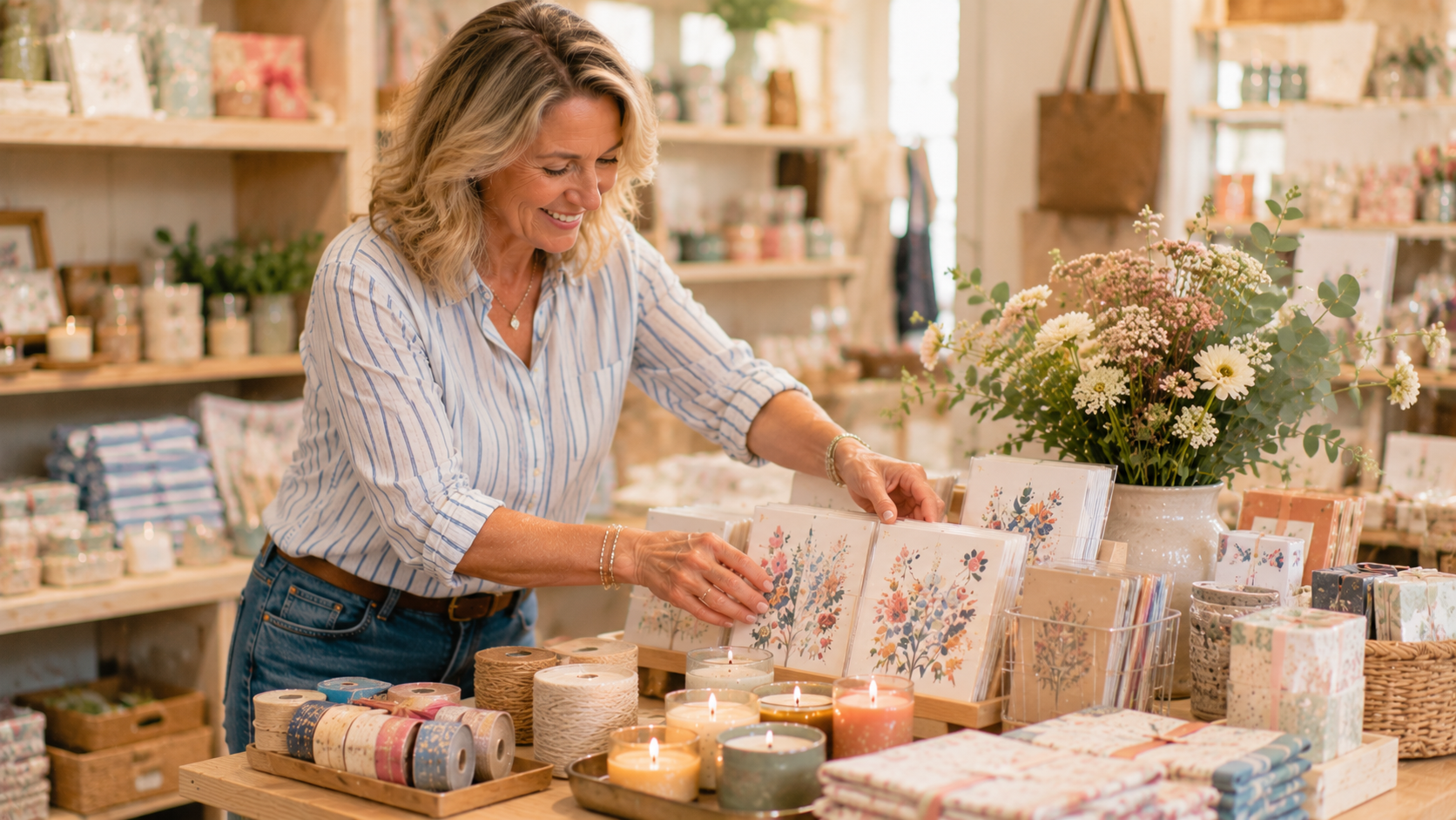 A shop owner styling a card and candle display