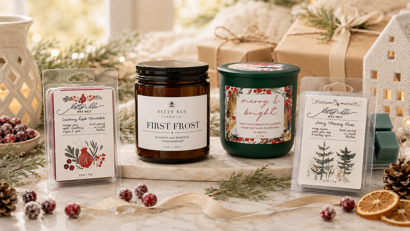 Betty Blu holiday candles and wax melts styled with wrapped gifts, pinecones, cranberries and dried orange