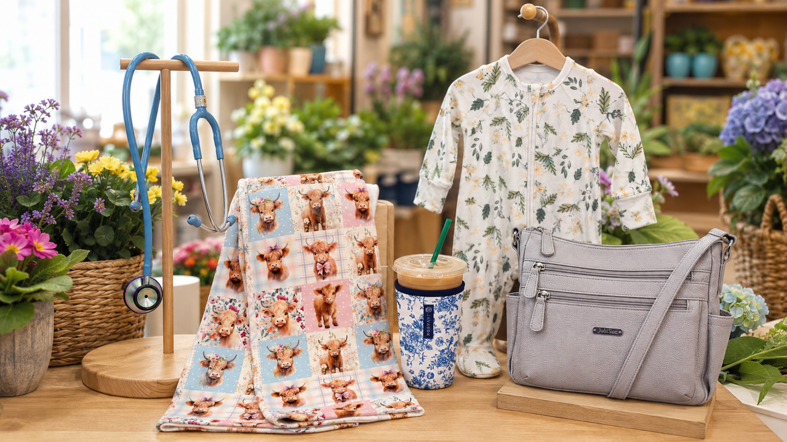 A shop owner styling a card and candle display