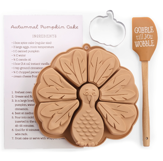 burton + BURTON turkey cake mold, pumpkin cookie cutter, Gobble till you Wobble spatula and Autumnal Pumpkin Cake recipe card