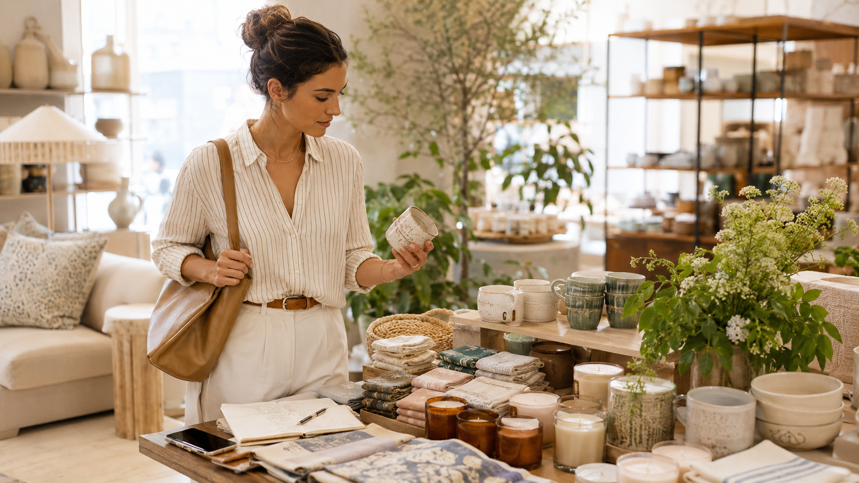A buyer at summer market examining a ceramic cup on a table of candles, mugs and textiles