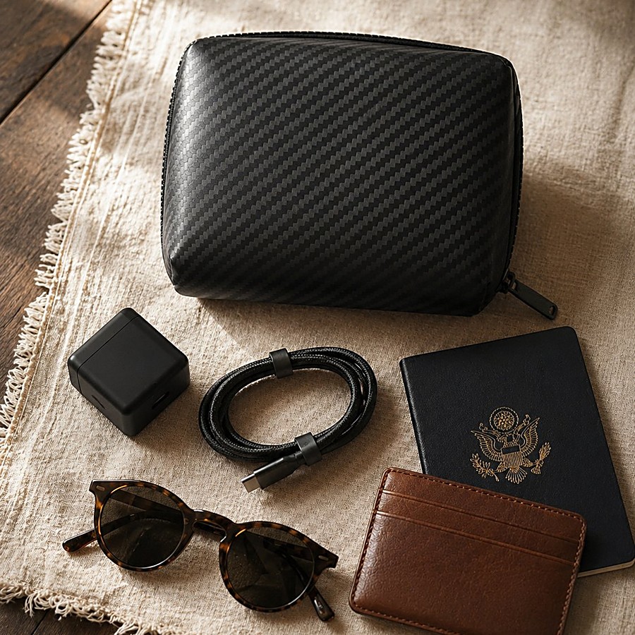 Travel kit flat lay