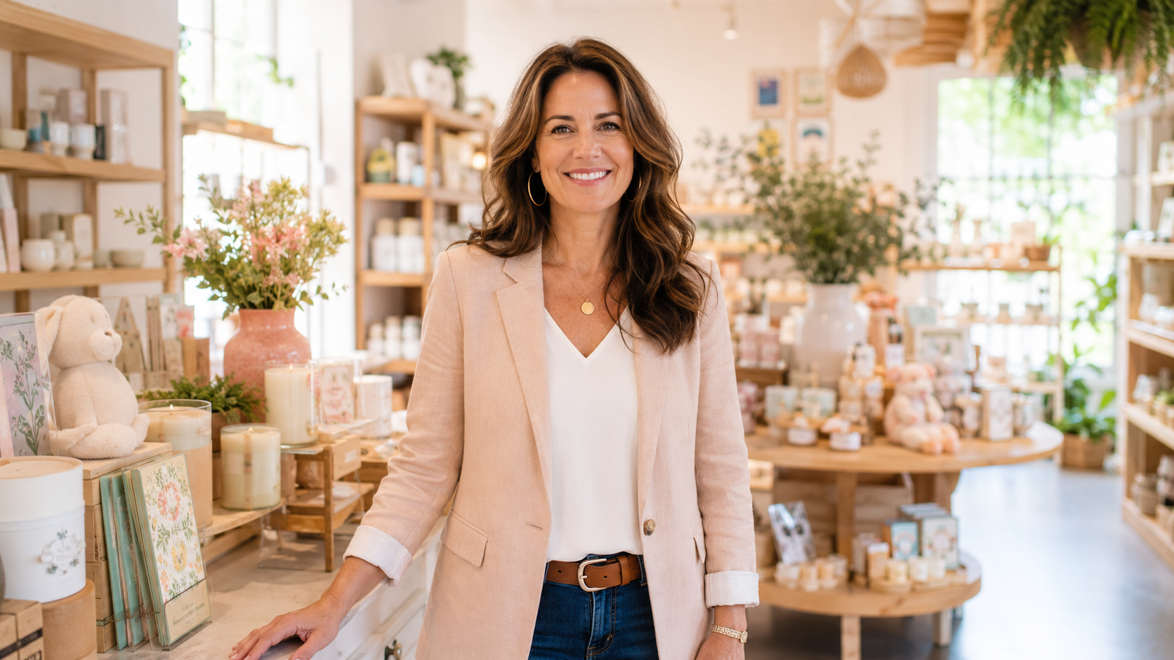 A shop owner styling a card and candle display