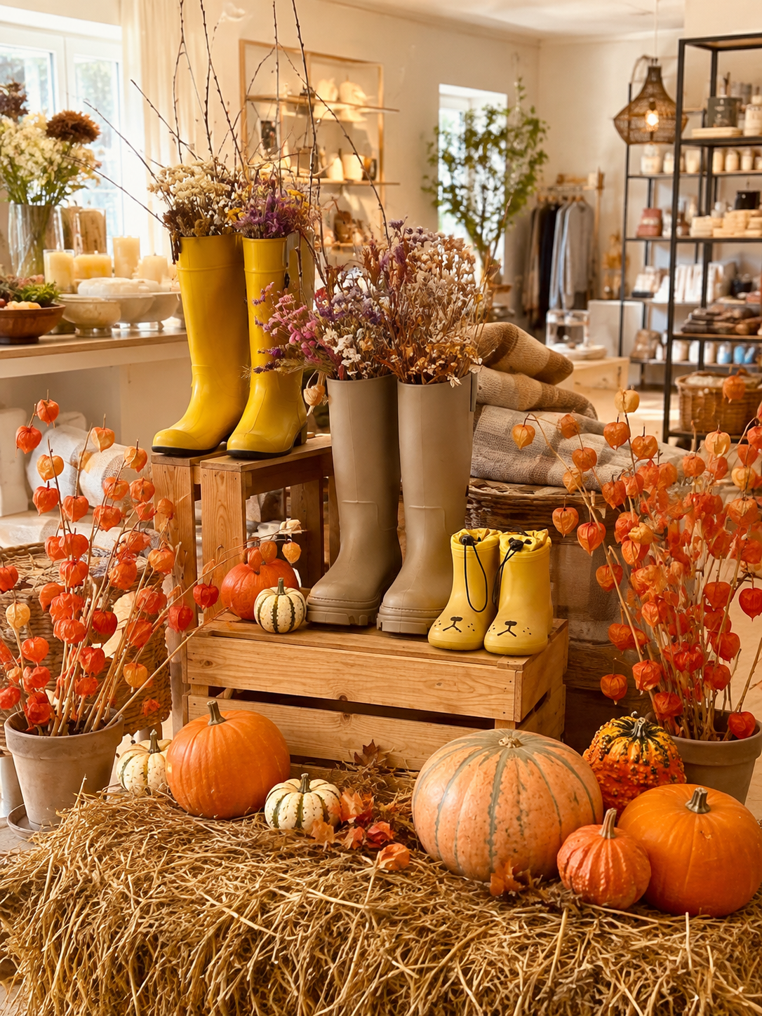 Fall boots and dried florals styled on a wooden crate