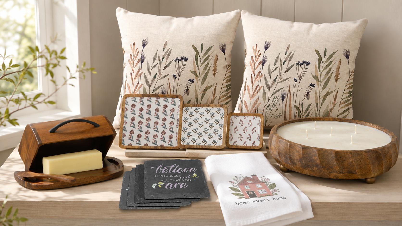 Botanical pillows, coasters and a candle in a gift shop display